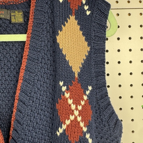 Vtg 90s Lizsport Hand Knit Argyle Sweater Vest‎ Blue Tan Burgundy Cotton M - Picture 6 of 16